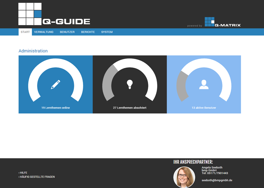 Das übersichtliche Q-GUIDE-Dashboard liefert den Status zugewiesener Lernthemen und aktuelle Entwicklungen.